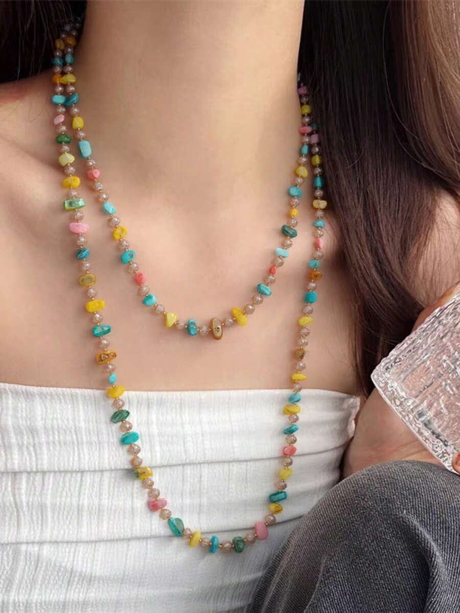 1pc Colorful Shell Crystal Beads Layered Necklace/Sweater Chain, Multi-Color Versatile Summer Vacation Style