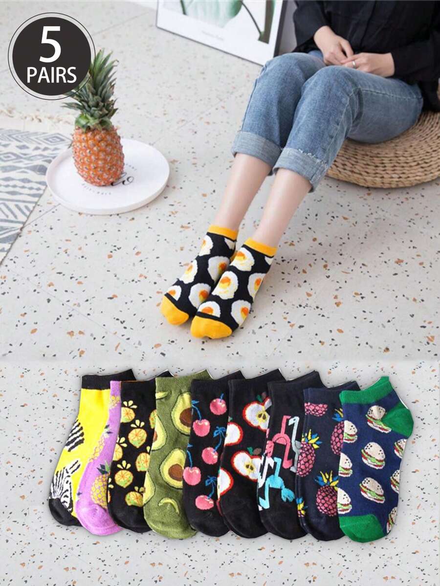 5 Pares (Estilo Aleatório) Meias Curtas Respiráveis com Estampa de Alimentos Frescos e Flores, Meias Fofas de Renda Branca com Corte Baixo para Estudantes
