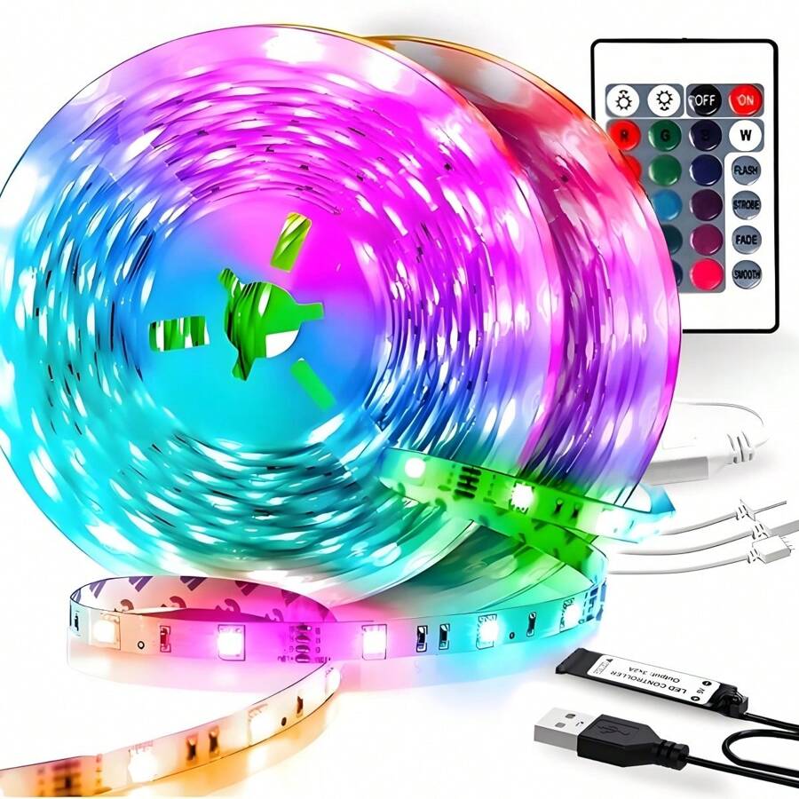 1m/20m Fita de Luz LED RGB Alimentada por USB, Controle Remoto de 24 Teclas, 16 Cores Ajustáveis, Lâmpadas Decorativas Flexíveis de LED 5050