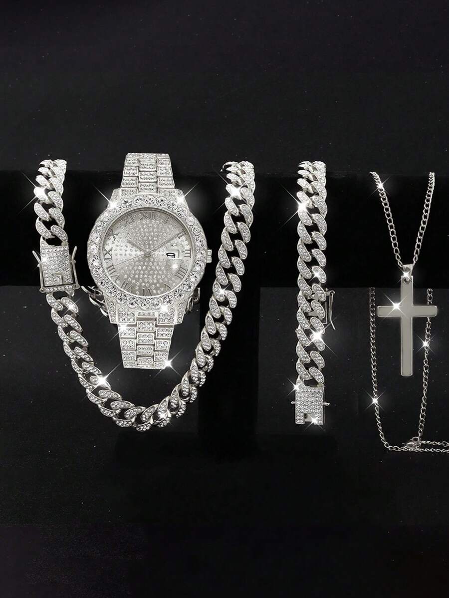 Set de 4 piezas: 1 reloj analógico de lujo de cuarzo cristalino, 2 pulseras con cuentas de estilo hip-hop, 1 collar con colgante de cruz - Accesorios de color dorado/plateado para hombres, negocios, deportes, uso diario, regalos