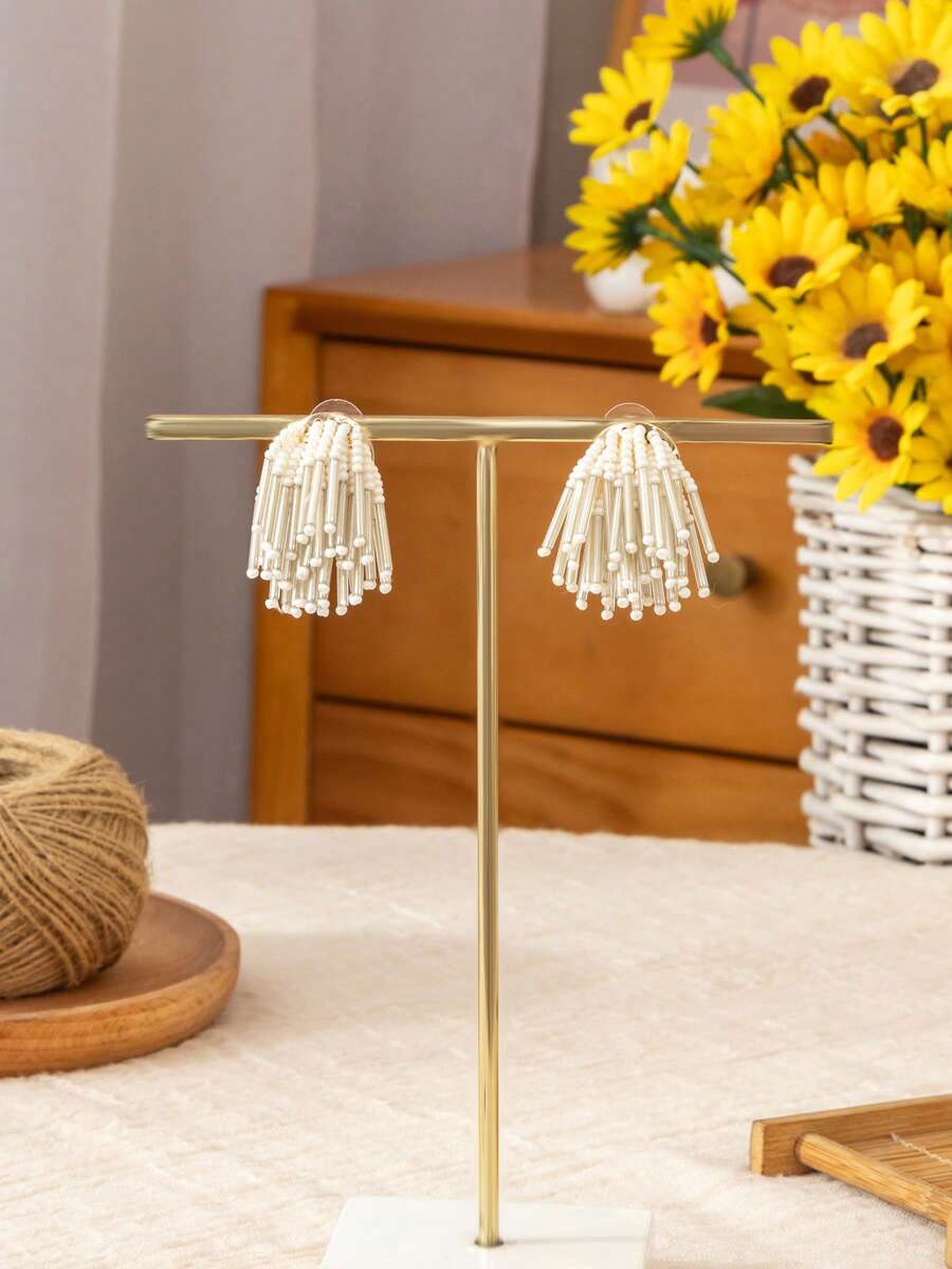 Elegant Handcrafted Beaded Tassel Earrings In Unique Silver Needle Shape, High-End Design For Party/Banquet/Vacation Wear