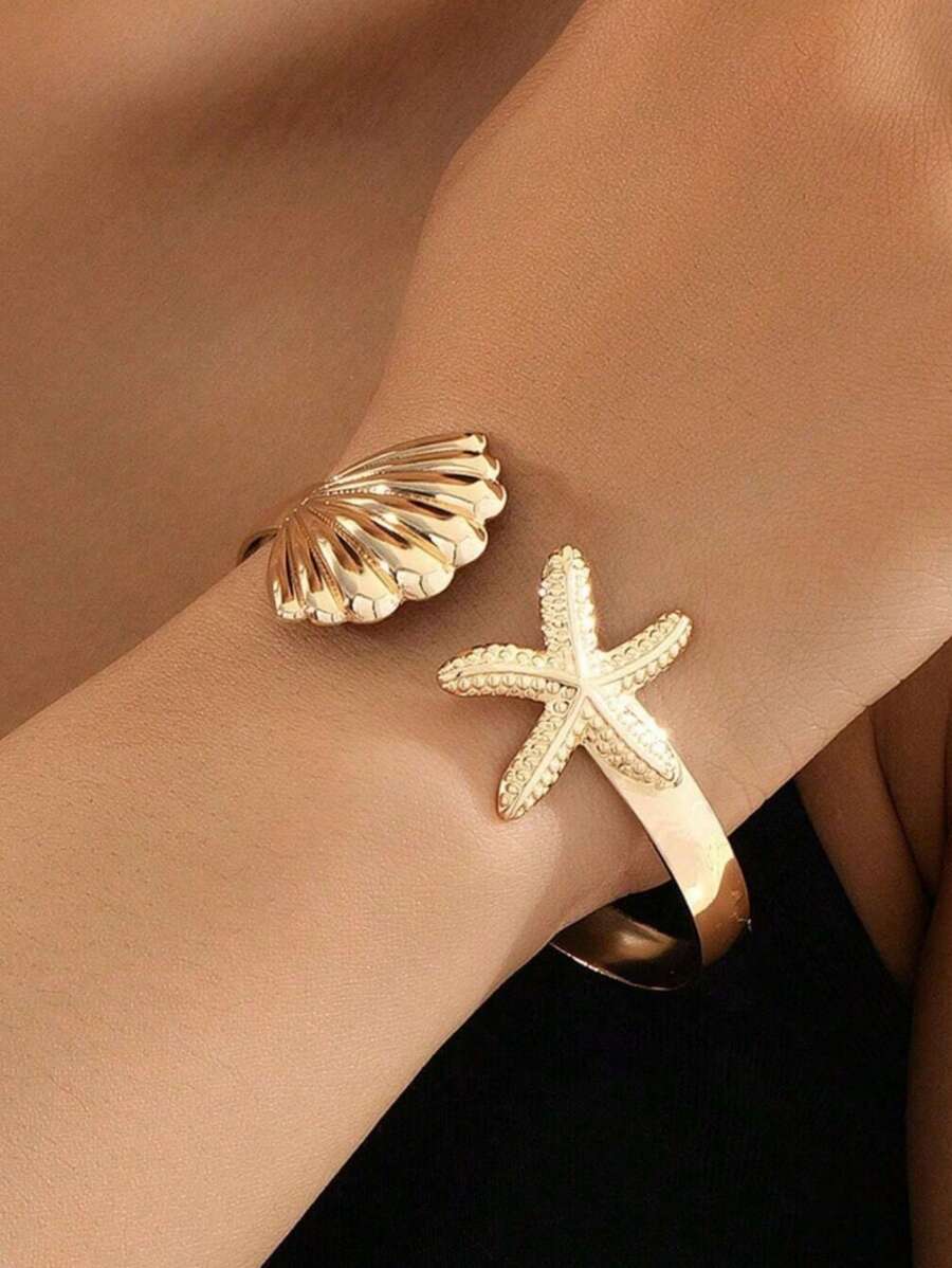 1pc European & American Cross-Border Maritime Elements Beach Holiday Style Starfish & Shell Open Bangle Bracelet, Suitable For Women's Daily Wear