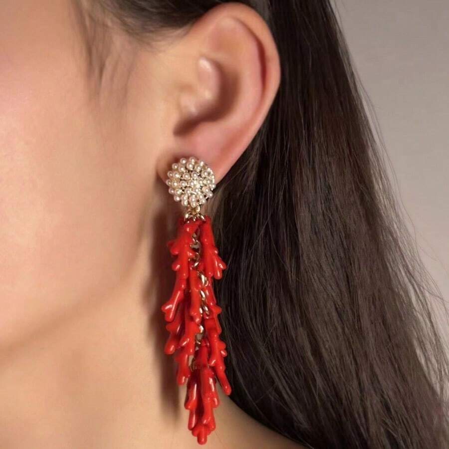 1 Pair Fashionable Red Coral Tassel Resin Earrings, Suitable For Women To Wear To Festivals, Parties, And Dates