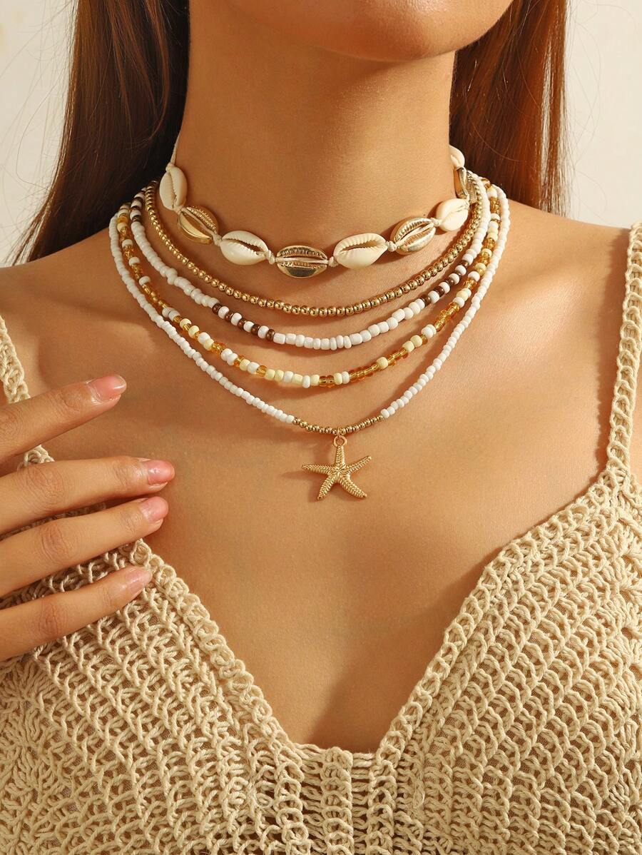 5pcs/Set Bohemian Style Random Color Glass Bead, Shell, Starfish Pendant Layered Necklace Set, Suitable For Beach Party, Vacation