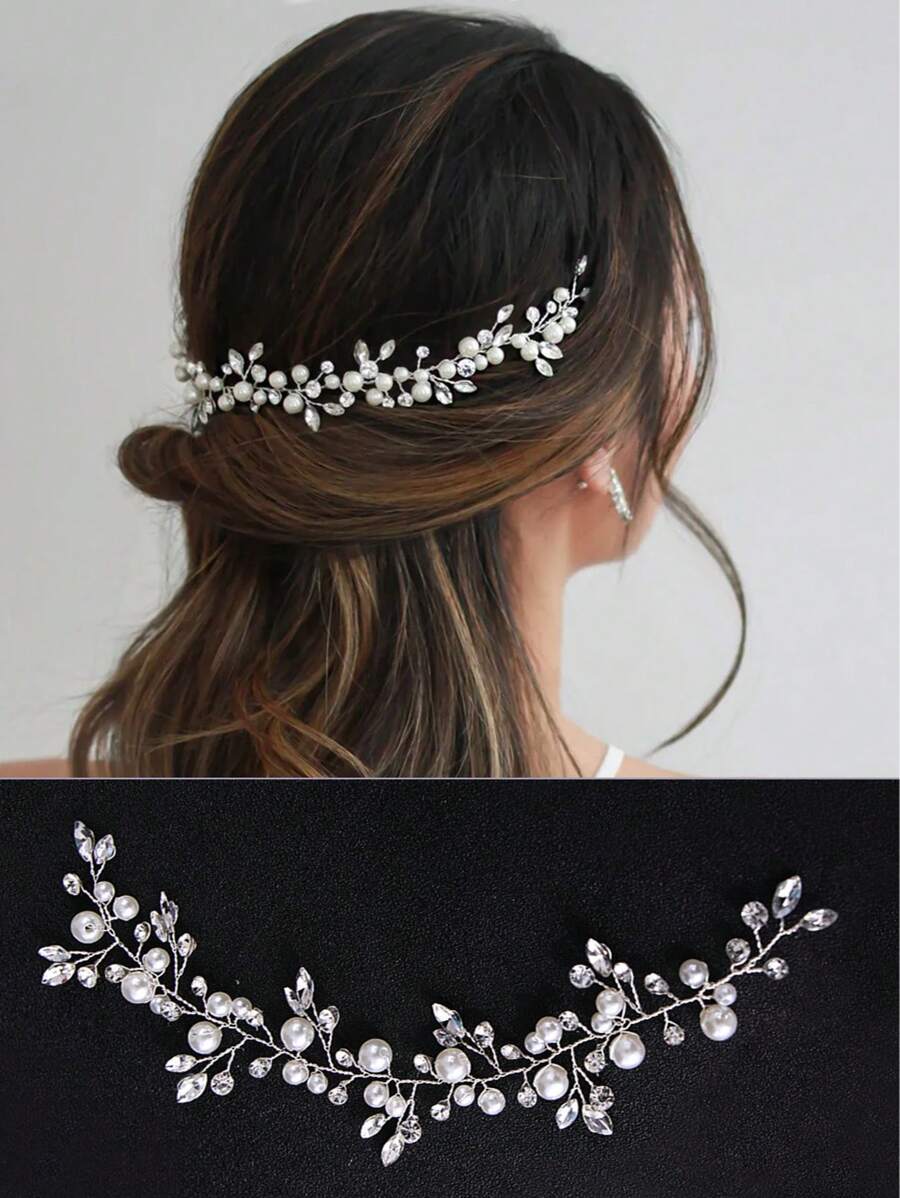 Handgefertigtes Perlenkranz mit Blumen und Blättern, Braut-Haarband, weißer Hochzeitskopfschmuck für festliche Kleider