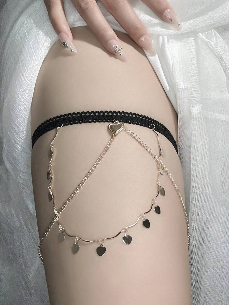 1pc Black Lace Elastic Thigh Garter, Fashionable Tassel & Heart Chain Thigh Chain Leg Harness, Bridal Wedding Accessories
