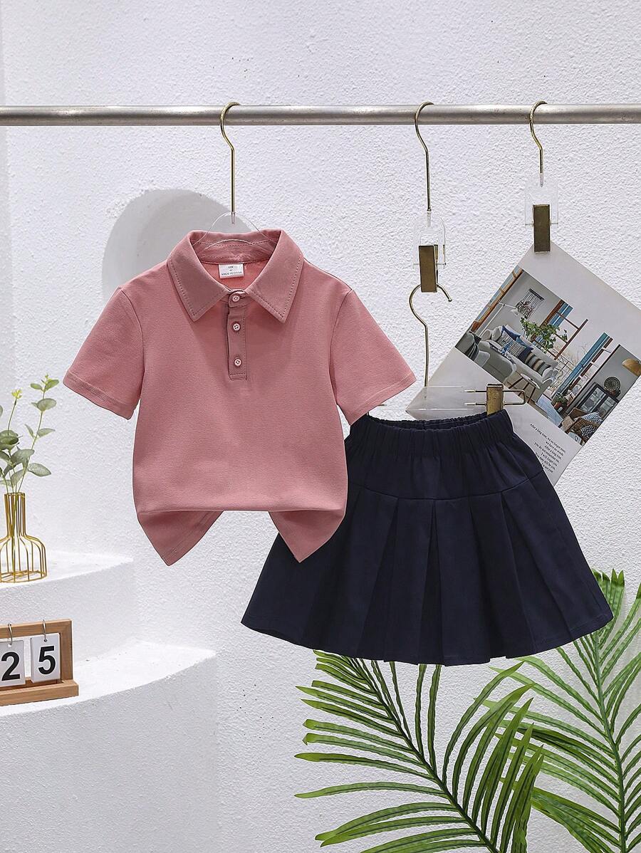 2pcs/Set Girls Pink POLO Shirt And Pleated Skirt Outfit, Suitable For Summer