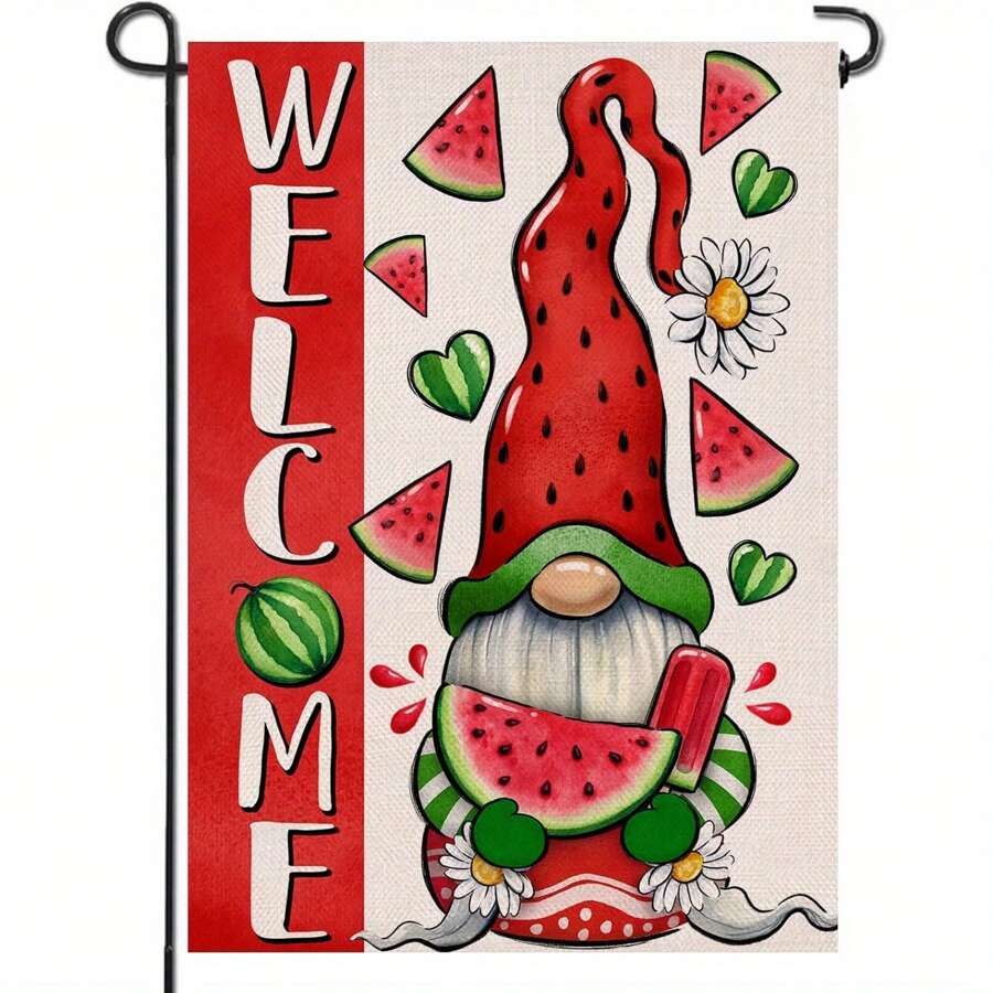 Zwerg Gartenflagge für den Sommer - leuchtendes rotes Zwerg Wassermelonen Hut, Eis und Sonnenblumen Design, beidseitig bedruckter Polyester Gartendeko, 12x18 Zoll, geeignet für saisonalen Farmhouse Stil, Outdoor Dekoration | Lustiges Design | Strapazierfähiger Polyester, Wassermelonen Thema Dekoration