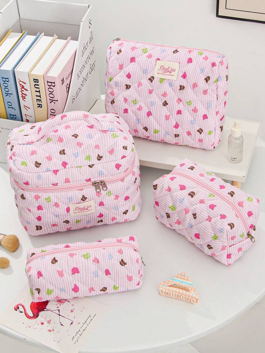 1 Peça/Conjunto Bolsa de Maquiagem com Estampa Fofa de Urso Colorido, Bolsa de Higiene Pessoal de Grande Capacidade com Alça, Bolsa de Embreagem Portátil com Estampa de Listras, Bolsa de Cosméticos Casual Octogonal para Mulheres, Mini Organizador de Pincéis de Maquiagem, Bolsa Pequena de Cosméticos, Essenciais de Viagem para Férias, Volta às Aulas, Bolsa Escolar, Bolsa de Viagem para Mulheres