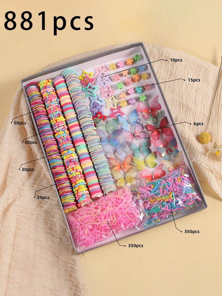 Set da 881 pezzi di elastici per capelli e fermagli a forma di farfalla colorati, legacci per capelli elastici per ragazze, accessori per capelli decorativi monouso, colori misti, senza confezione regalo
