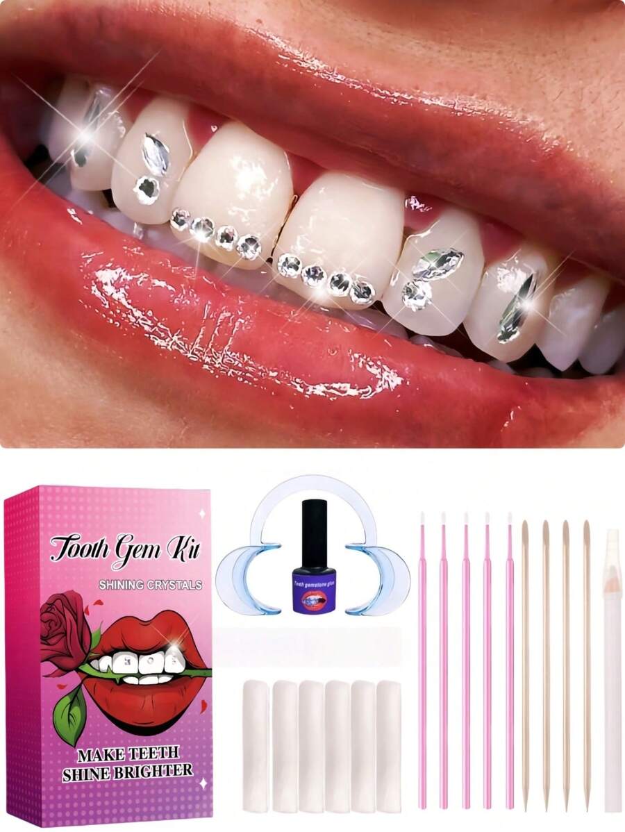 220pcs Self-Adhesive Super Sparkling Tooth Gems DIY Jewelry Set With Tools, Removable & Installable Butterfly Tooth Decorations, Crystal White Rhinestone Flat Round & Irregular Shaped, Fashionable Shiny Y2K Tooth Jewels, Sturdy Box Packaging, Suitable For Halloween, Parties, Bars, Clubs, Celebrations