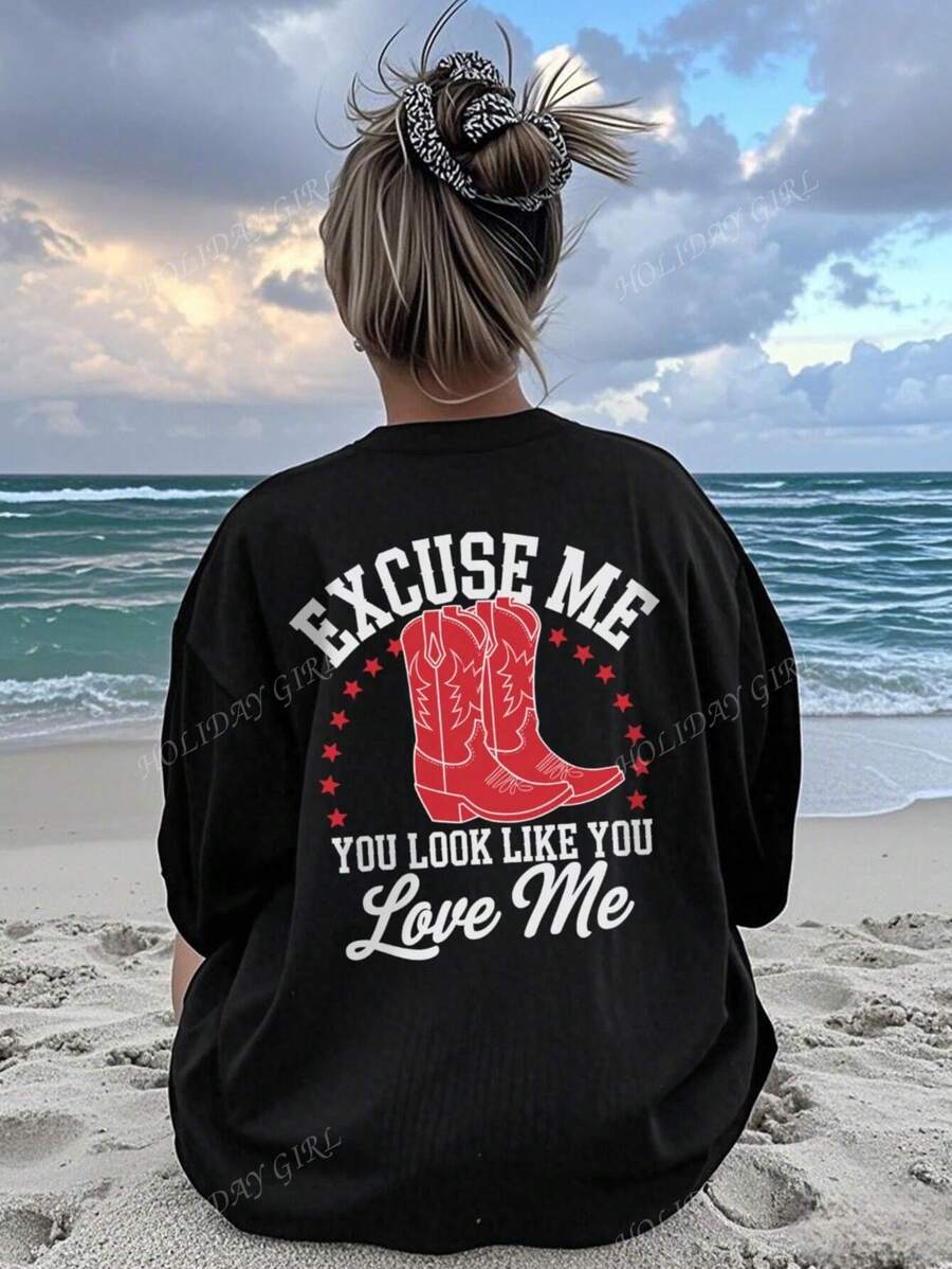 Women's Plus Size Summer Casual Resort Colorful Lettering Simple Boots Alphabet Print Pattern Crew Neck T-Shirt Fashionable Versatile Girl. Graphic T-Shirt Women's White Plus Size Top