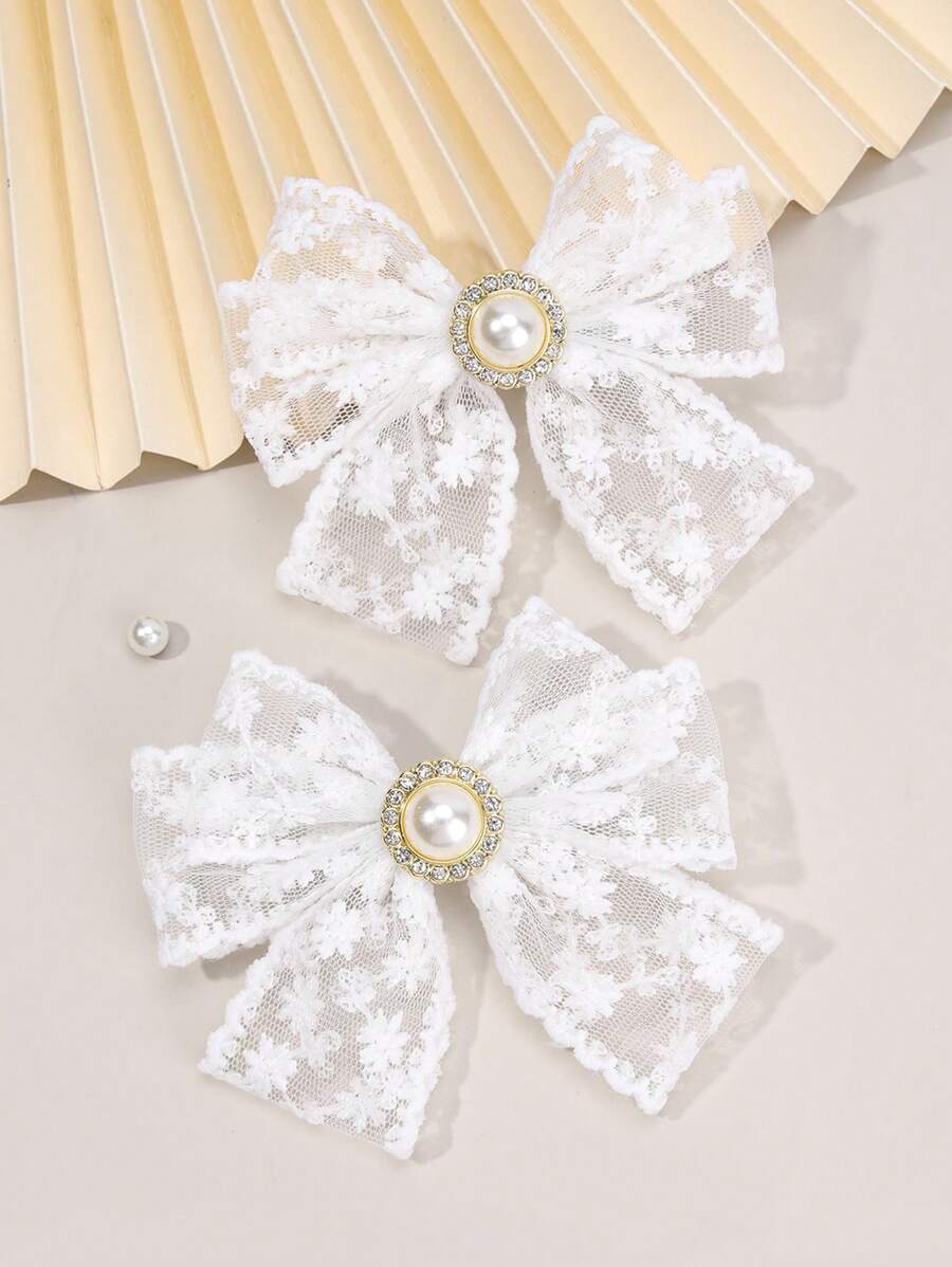 2 piezas Lazos de pelo de encaje blanco para niñas Lazos de encaje de unicolor con pinzas de cocodrilo Lazo bordado con flor Pasadores de pelo con perlas y rhinestone Elegantes pasadores de lazo para boda, vacaciones y accesorios de pelo para niños