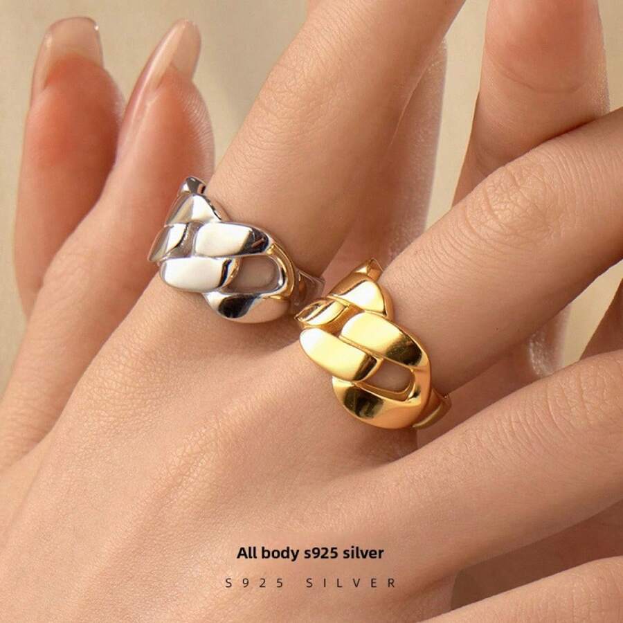 Anillo abierto de diseño de cadena gruesa y pesada de plata S925, personalizado, moda coreana