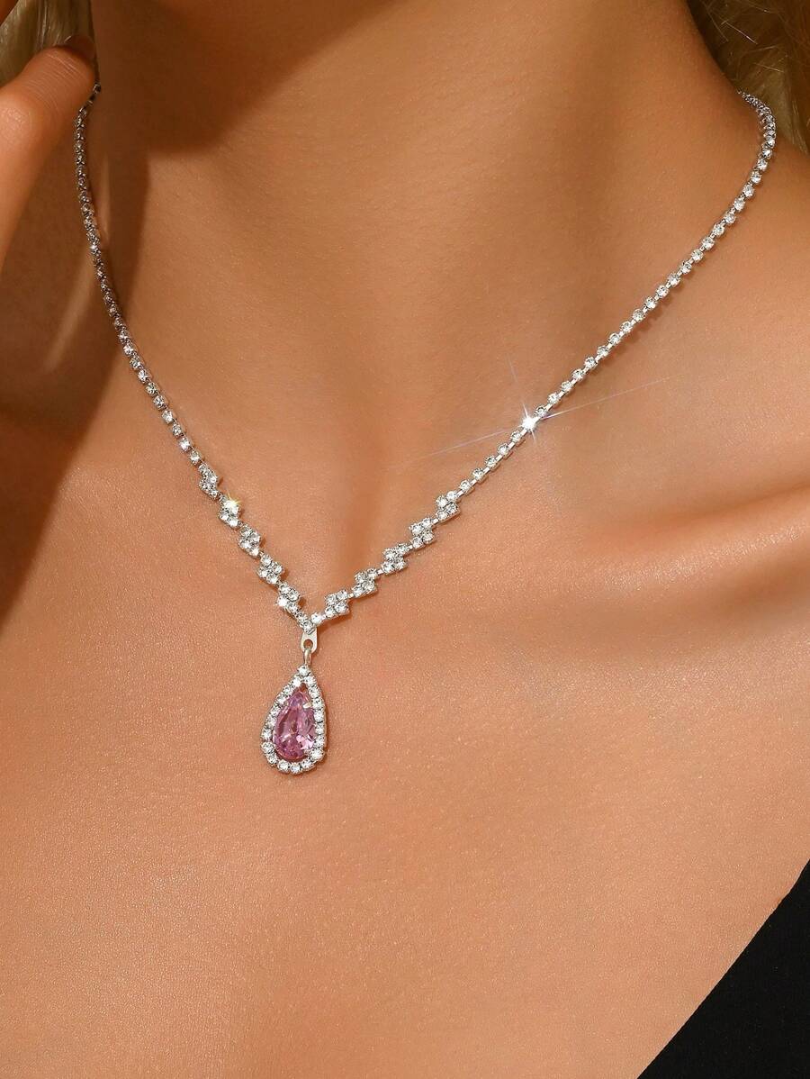 Collar con colgante de gota de agua de circonia elegante color rosa, collar de estilo de fiesta de lujo para mujer, collar de regalo delicado