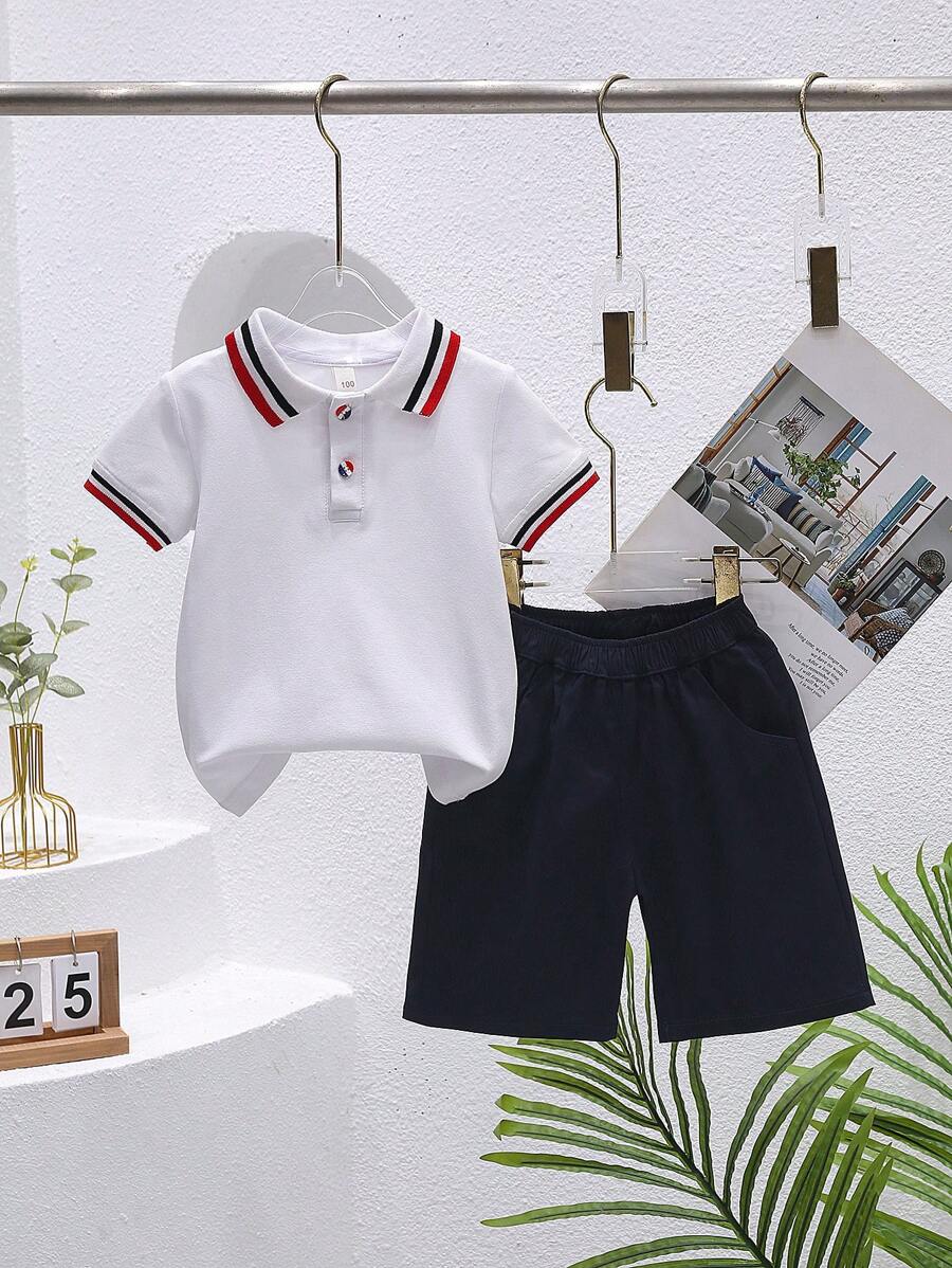 2pcs Boys' Casual Summer Set - Striped Polo Shirt And Loose Fit Knee-Length Shorts, Suitable For Sports Events