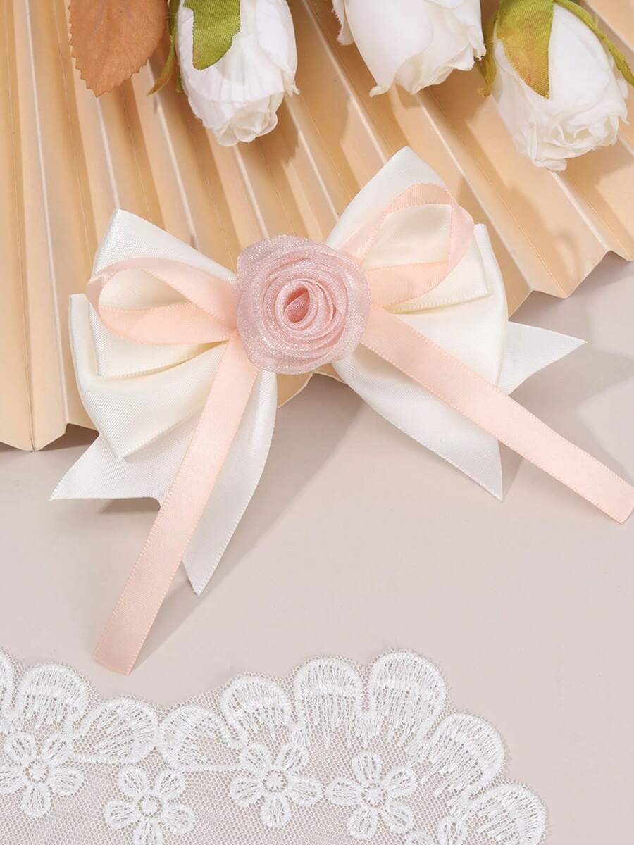 1 pieza Broche de pelo con lazo blanco, rosa y verde para niñas, accesorios de pelo con flor de tela, accesorios de pelo de terciopelo para uso diario de niñas