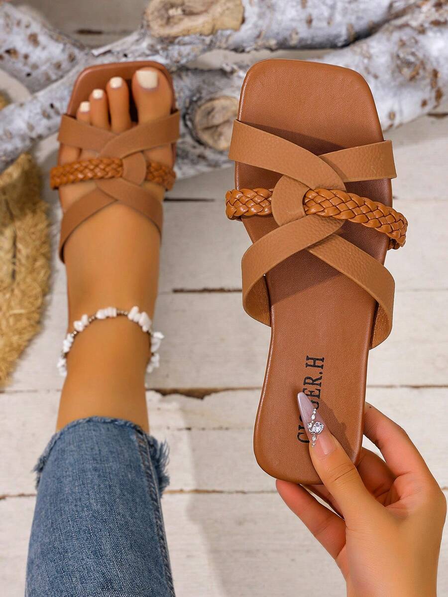 Sandalias con suela gruesa tejida de PU con diseño de rombos bohemio de cruce para mujer, para playa, resort y uso al aire libre en verano