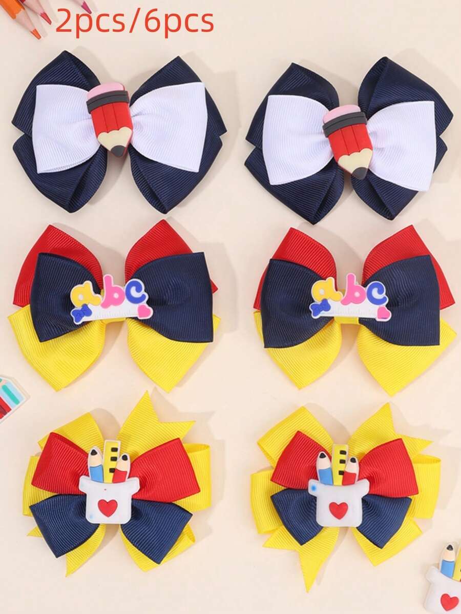 Set de 2 piezas/6 piezas de lazos de tela coloridos para el cabello de niñas de regreso a la escuela, accesorios con forma de lápiz, lazos para el cabello, accesorios lindos para el cabello para niños y niñas pequeñas, regalos para fiestas