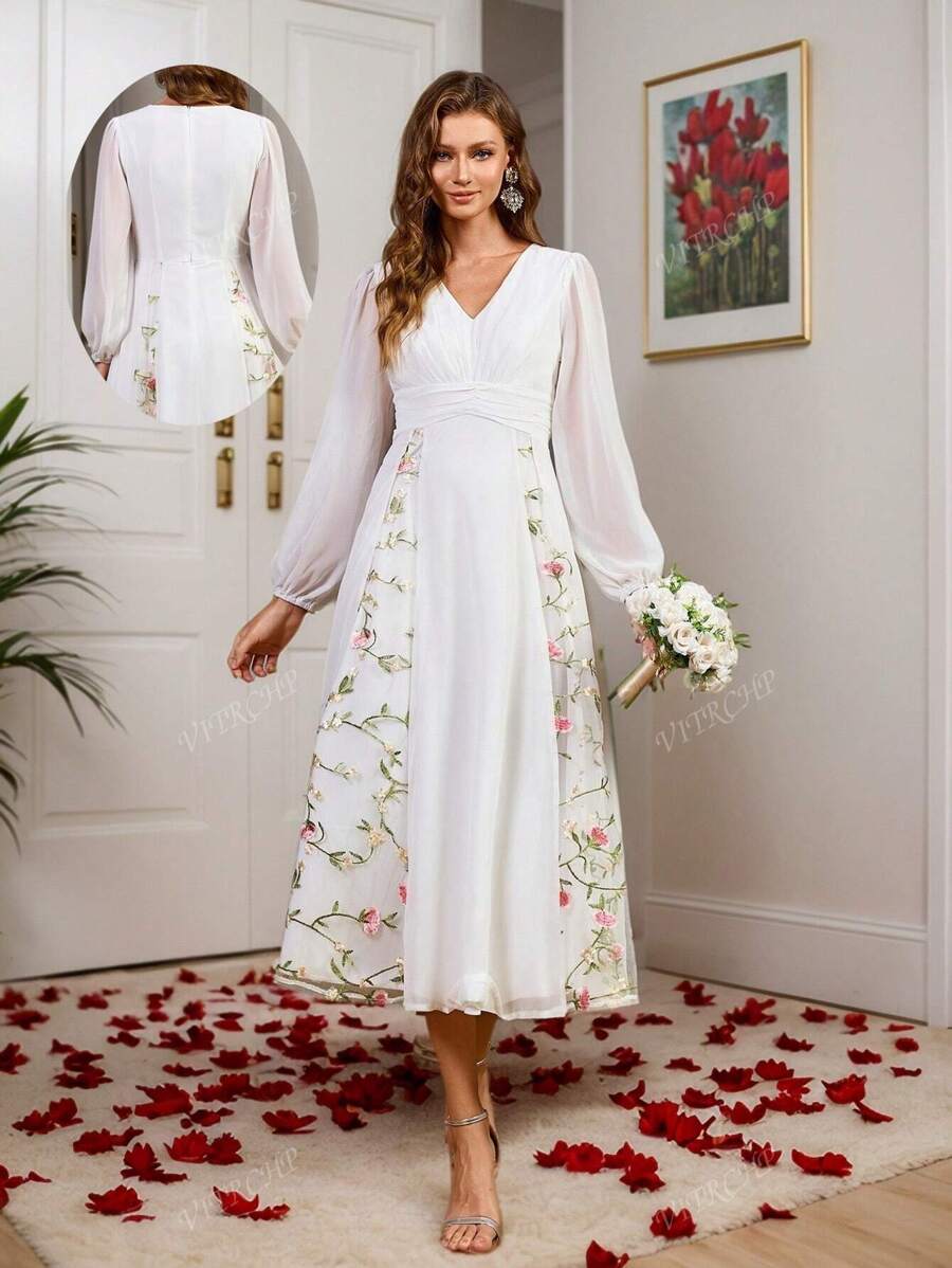 Vestido de Despedida de Noiva com Bordado Floral Branco, Decote em V e Manga de Lanterna, Vestido de Casamento, Vestido Branco Curto