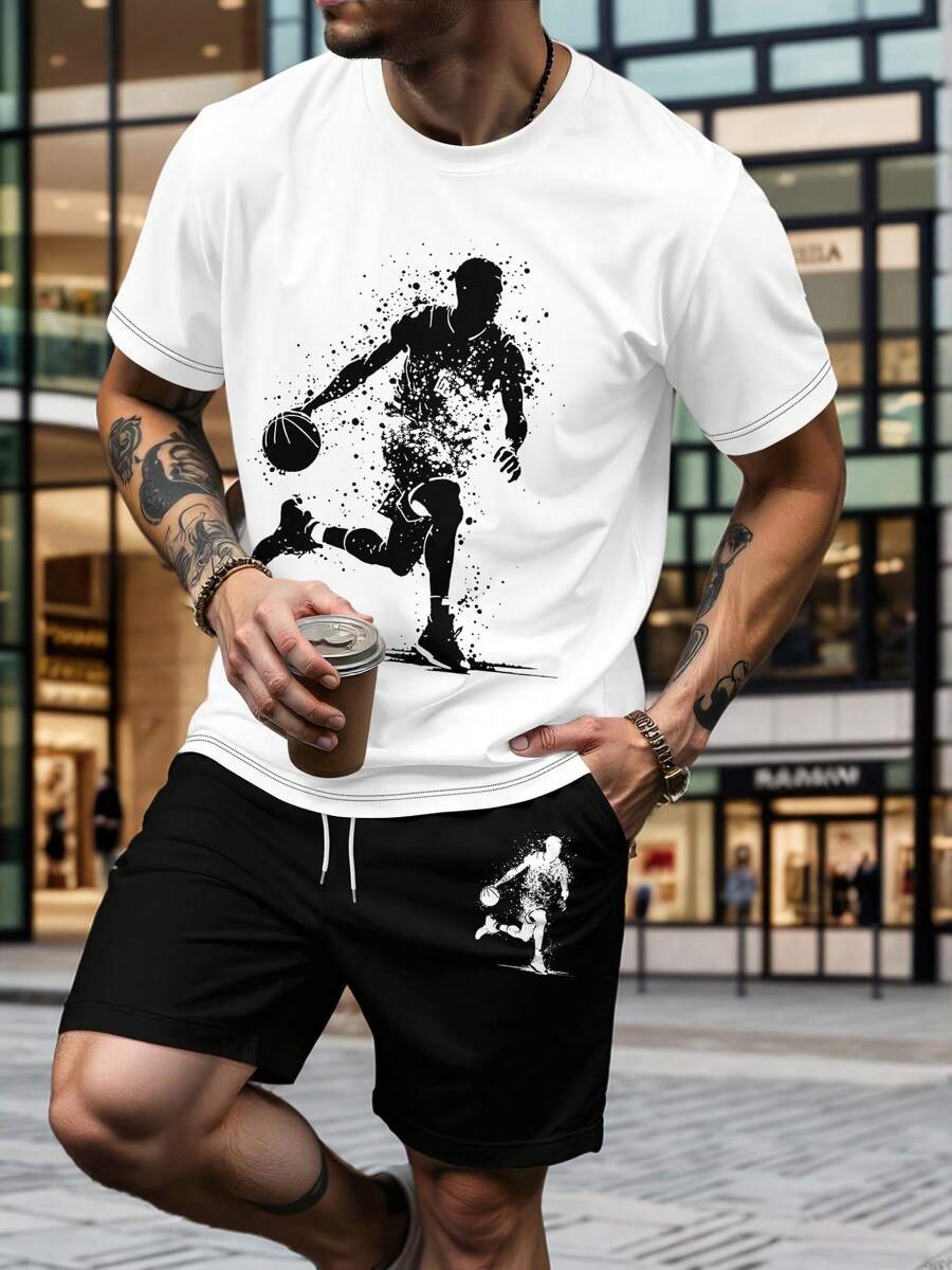 Men's Commuter Versatile Round Neck Short Sleeve Top And Shorts Set, Comfortable & Breathable