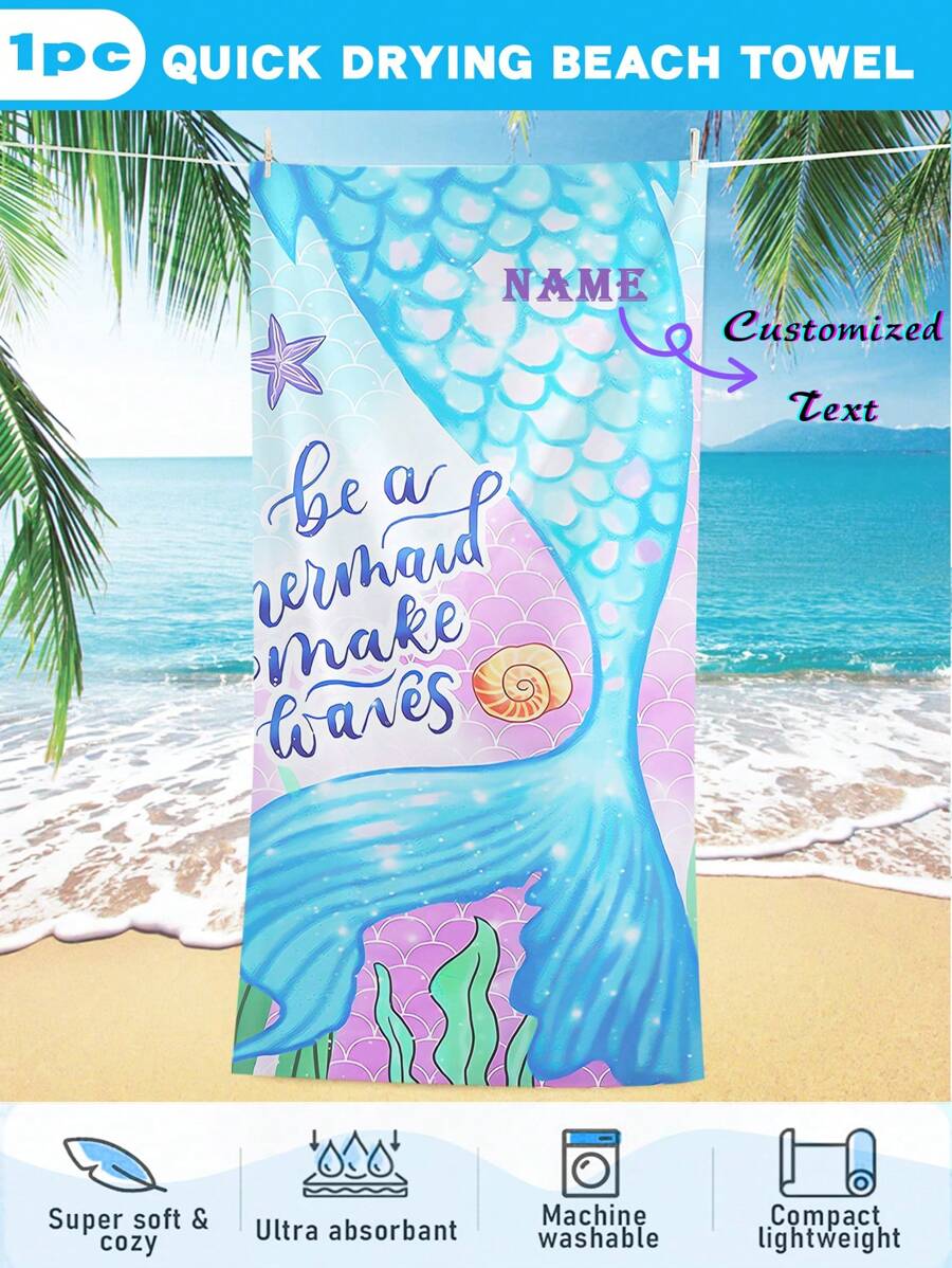 1 PIEZA Toalla personalizada con cola de sirena en estilo juguetón del océano, toalla de baño personalizada con escama de pez suave, regalo personalizado con nombre