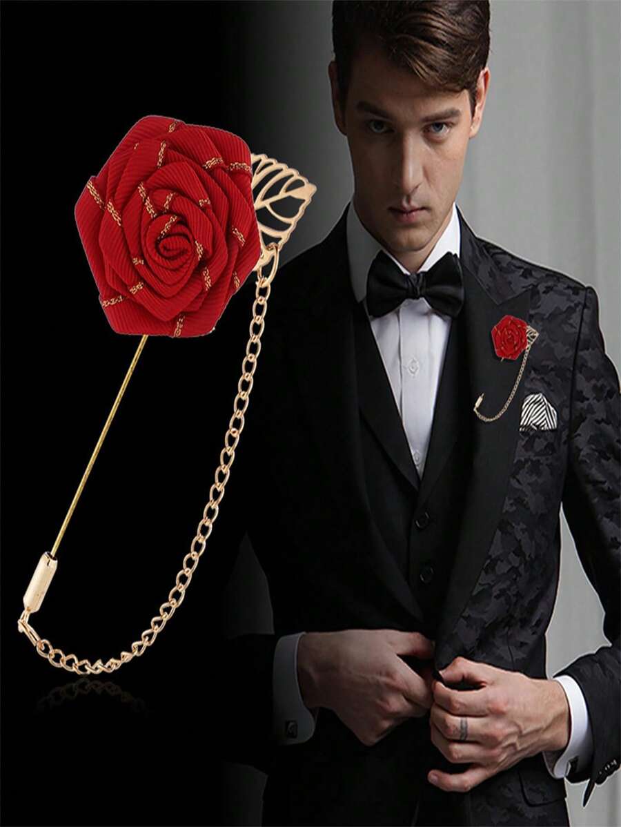 1 Stück Luxus Gold Seide Rose Brosche - elegante Ansteckblume für Hochzeitsbräutigam, Brautparty, Anzug, Herren- und Damenformalkleidung (lange Broschen-Design), Vintage Rucksack für die Schule