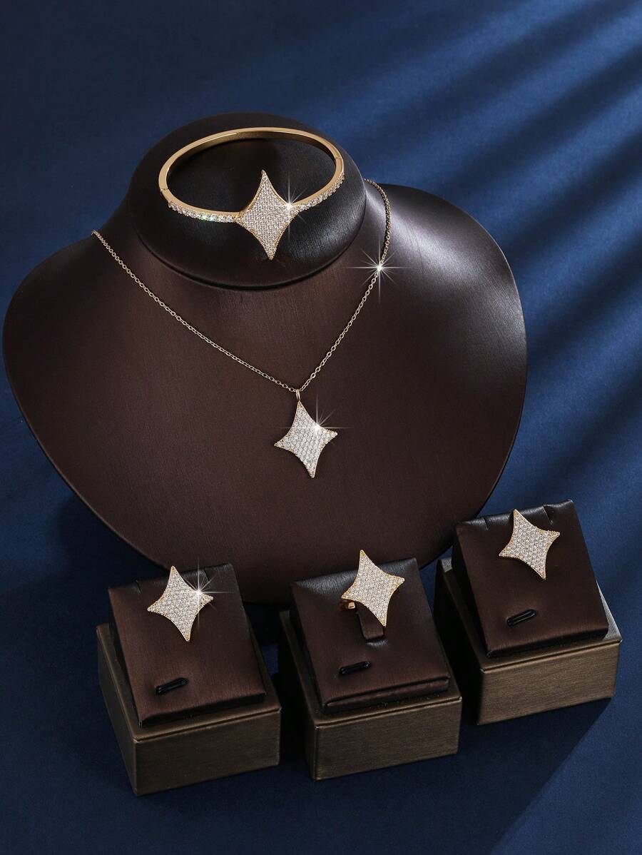 4pcs/Set Copper Middle Eastern Style Full Crystal Luminous Bracelet + Ring Necklace Earring Luxury Jewelry Set
