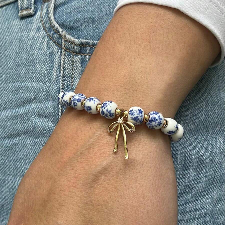 1 Pc Beads Bow Charm Bracelet For Women Flower Vintage Bracelet Handmade Stretch Gold Beaded Dainty Romantic Jewelry Gift