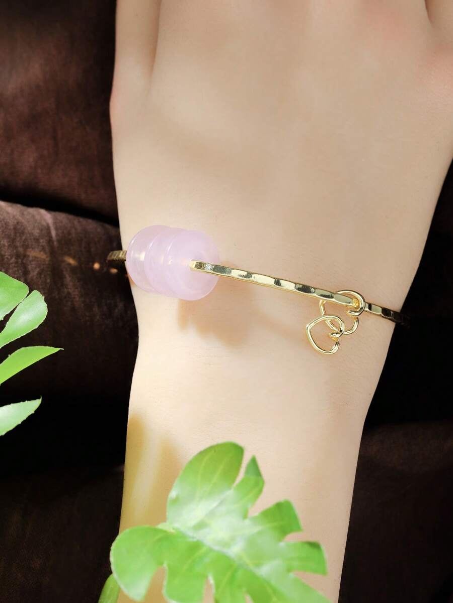 Pendentif en forme de cœur martelé avec placage cuivre bohème et imitation de quartz rose pour bracelet de femme