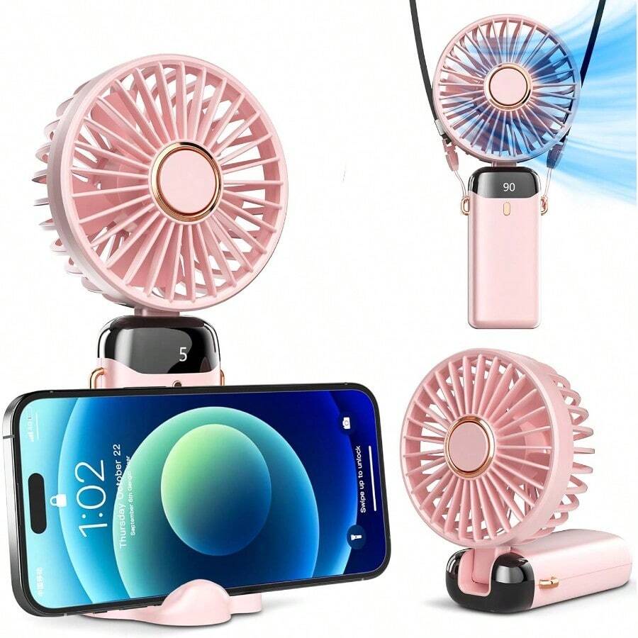 TFFFPortable Handheld Fan Battery Operated Fan With Base 8 Hours Digital Display 5 Speeds 90° Ajustable Rechargeable Mini Fan For Outdoor Indoor Pink