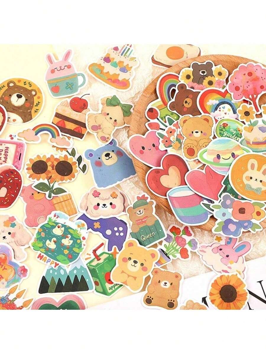 108pcs Original Kawaii Korean Watercolor Bear Sticker Set, For Decorating Notebooks, Diaries And More Back To School