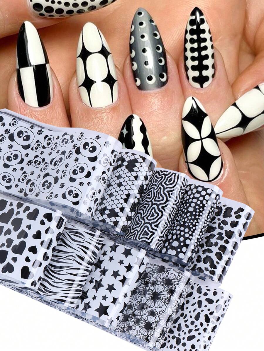 10 feuilles de feuilles de transfert d'art nail rétro noir avec des étoiles, des cœurs, des lignes et des vagues. Feuilles d'art pour ongles avec motifs étoilés, à carreaux et ondulés. Stickers de transfert pour la décoration d'ongles. Fournitures DIY