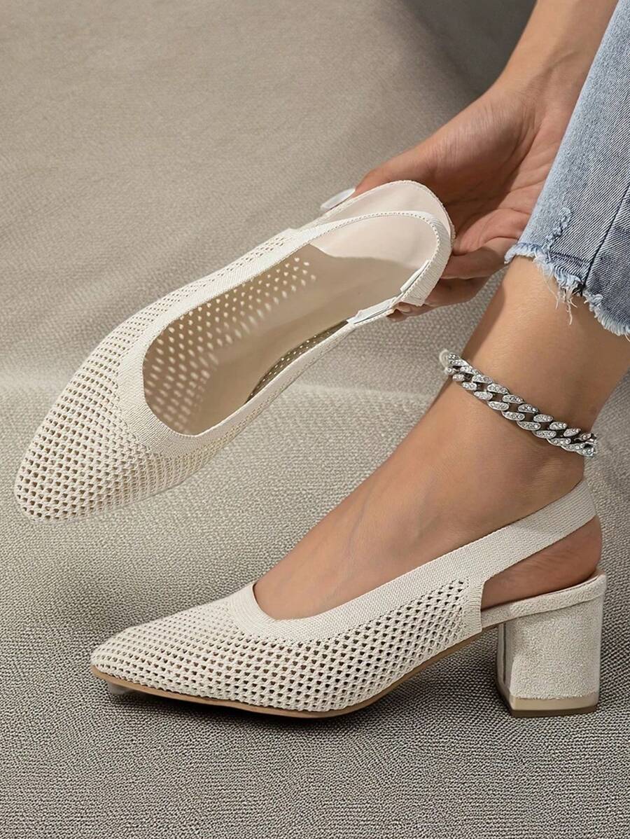 Knitted Mesh Cap Toe Back Strap Summer New Versatile Temperament Pointed Toe Low Vamp Side Hollow Thick Heel Sandals For Women