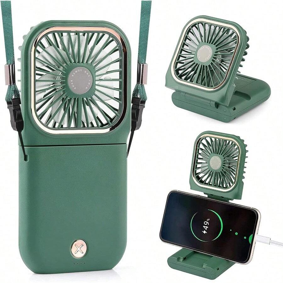TFFFHandheld FanPortable Mini Fan With Power Bank 3000mAh USB Rechargeable Quiet Desk Fan With Cell Phone Stand Foldable 3 Speeds Strong Airflow 12 Working Hours Neck Fan