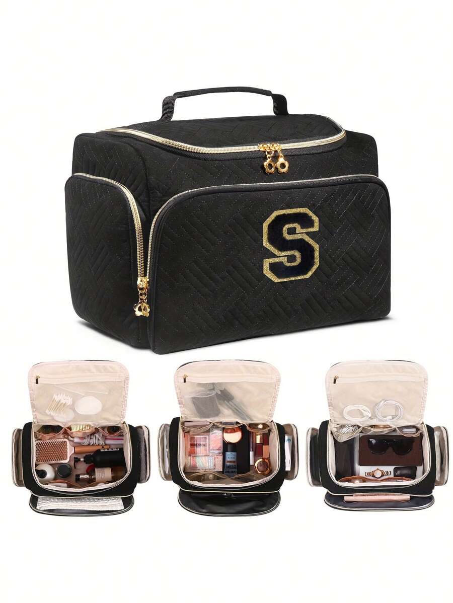 1pc Black Polyester Travel Toiletry Bag With Handle - Alphabet Pattern, Wet/Dry Separation, Machine Washable, Portable Makeup Organizer For Both Men & Women, Ideal Gift For Family & Friends, Daily Cosmetics Storage, Fashionable Makeup Case, Practical Design, Fabric, Must-Have For Frequent Travelers