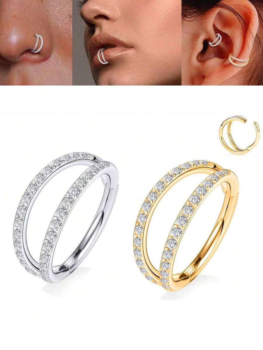 1 Piece Of Hypoallergenic Stainless Steel 316L Double-Layer Beveled Nose Ring, Inlaid With 5A Grade Zirconia Nose Ring, Gold And Silver, Easy To Wear, Very Suitable For Multiple Body Parts Such As Ear Screen Earrings, Nasal Septum Rings, Nose Rings, Etc.