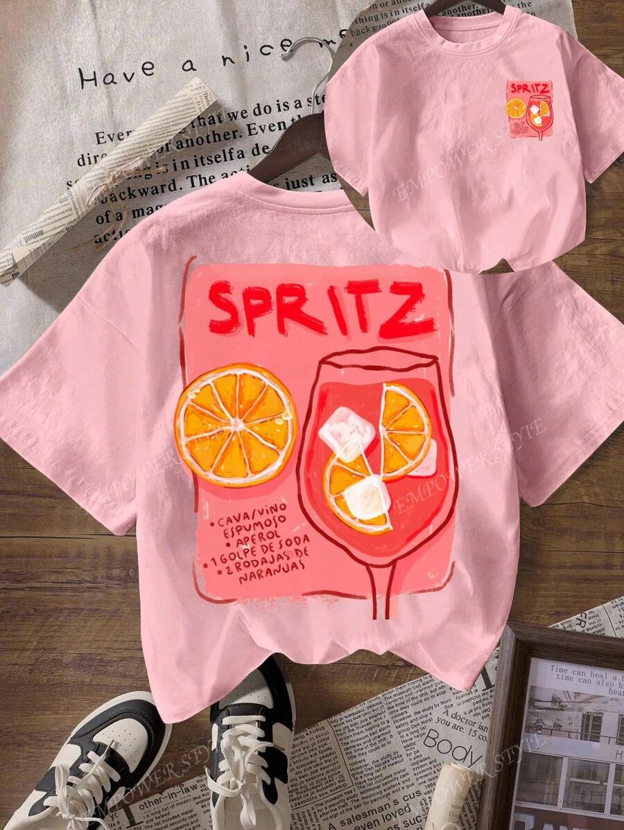 Camiseta de manga corta y cuello redondo con Aperol Spritz, colección casual de vuelta a la escuela para mujeres