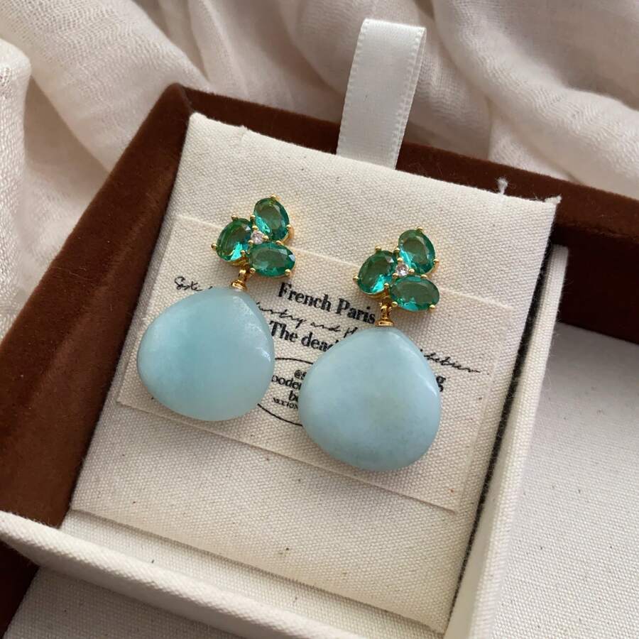 Novos e luxuosos brincos de pino com design floral de maçã-cereja, pedra natural feita à mão e zircônia microincrustada, exclusivos para mulheres