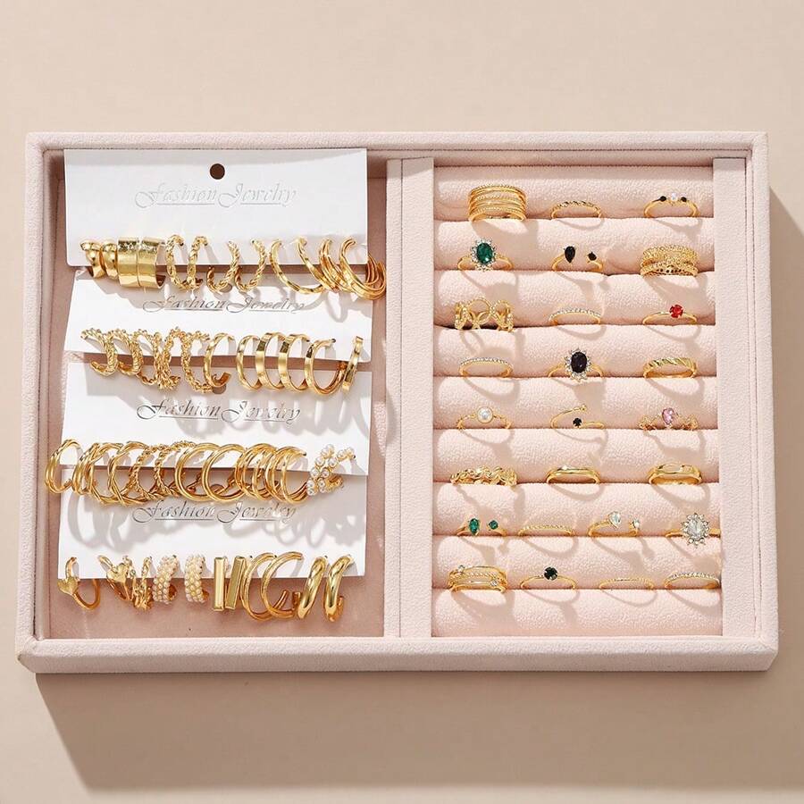 Frauen Schmuckset (24 Paar Ohrringe + 26 Stücke Metall eingelegt mit künstlichen Kristalldekorationen), modischer Schmuck