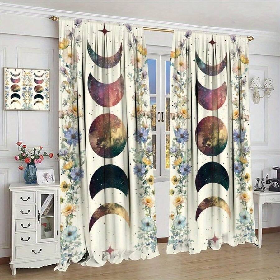 2pcs Blackout Curtains - Celestial Floral Design With Colorful Nebula Moon Phase And Stars, Machine Washable Polyester Curtains For Living Room, Bedroom, Bathroom - Modern Watercolor Cosmic Pattern, All Season