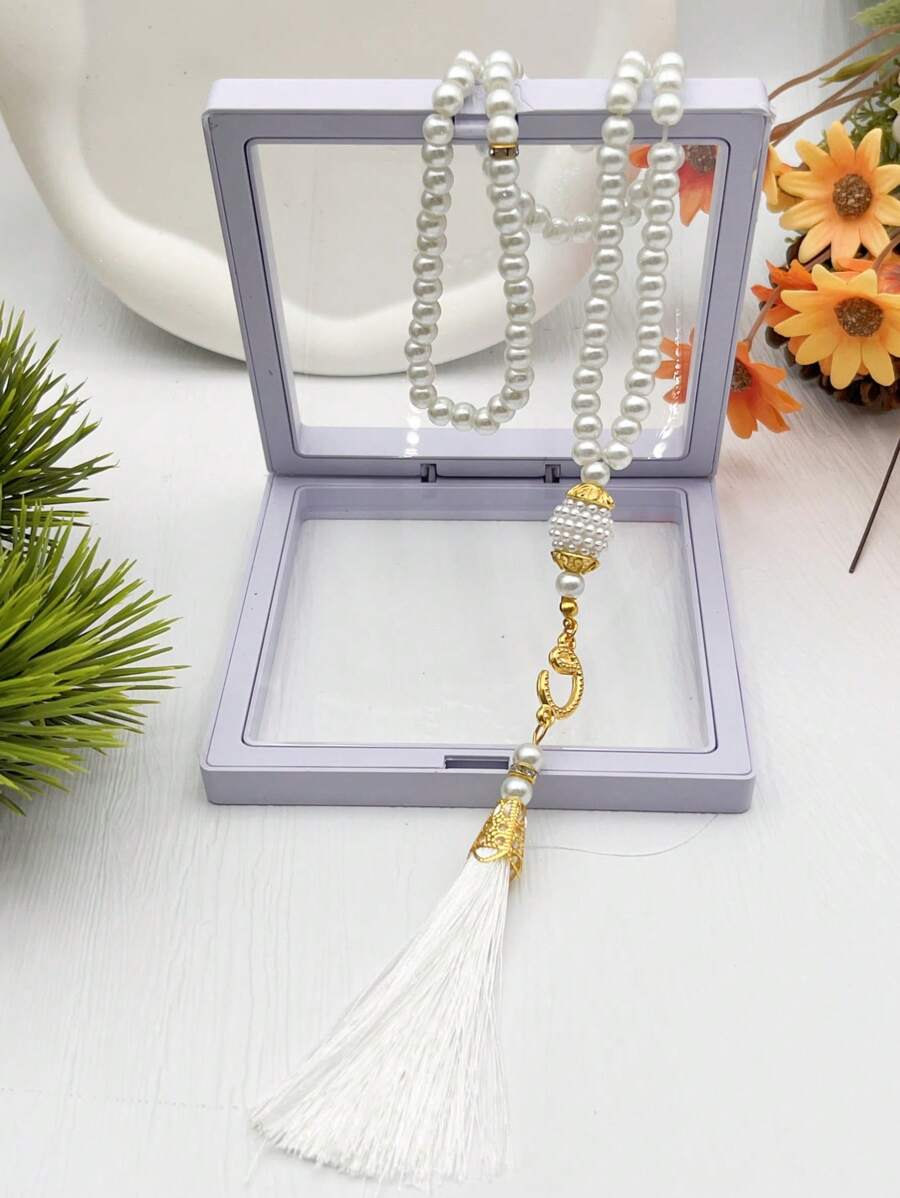 1 pieza Juego de caja con cuentas de cristal, 99 piezas de cuentas de perlas falsas y borlas, rosario musulmán, pulsera minimalista y elegante para uso diario