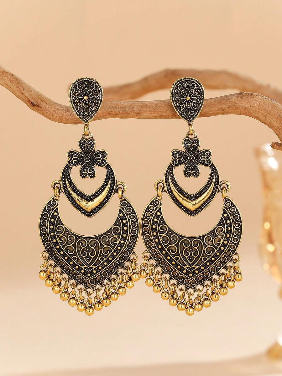 Elegant Retro Style Carving Flower Earrings With Charm Tassel Bells Pendant Suitable For Women's Daily Wear,Holiday Jewelry Accessories