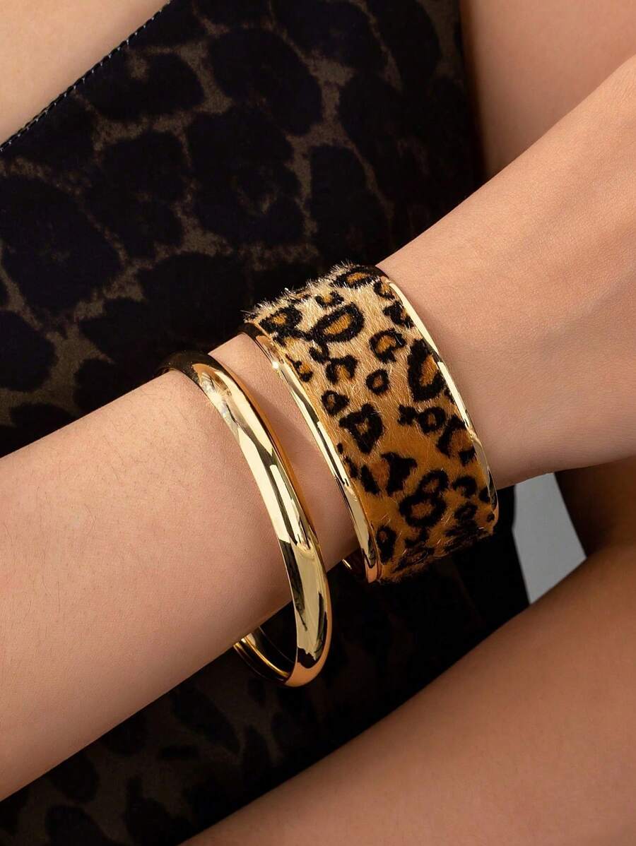 2 Pcs Animal Leopard Print Decor Metal Cuff Bangle Bracelets Set , Fall Winter Stacked Bracelet Jewelry For Women