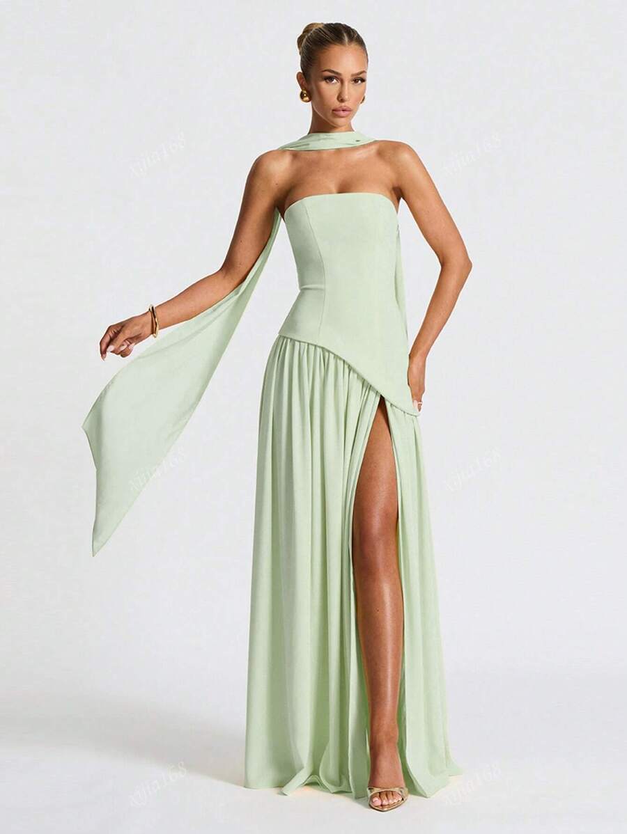 Elegante vestido de noche con abertura alta, sin tirantes y fluido, vestido de fiesta