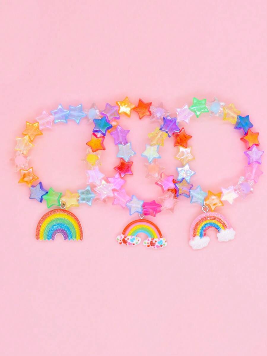 Set de 3 piezas Pulseras para niñas con cuentas en forma de estrella de cinco puntas arcoiris, aptas para uso diario