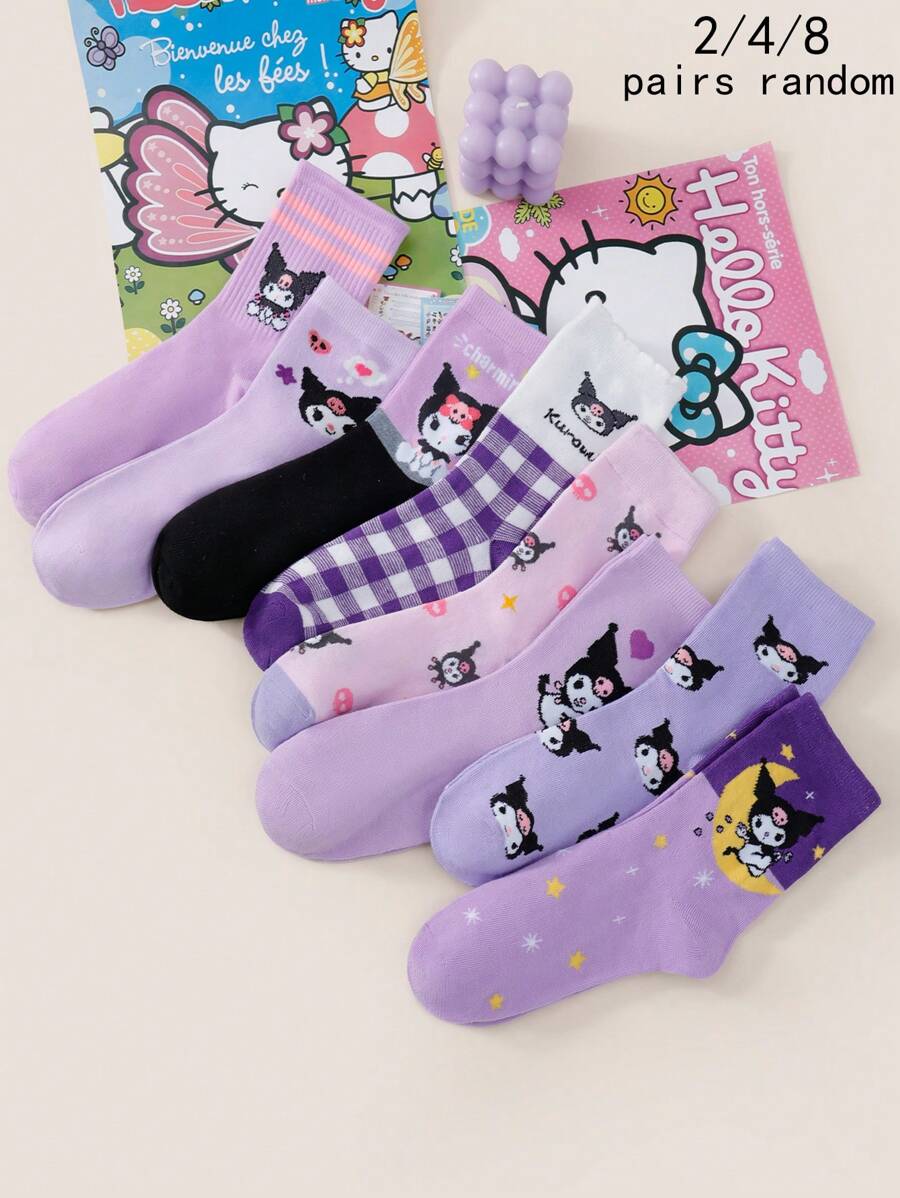 Sanrio 2/4/8 paires de chaussettes mi-mollet mixtes à motifs de dessins animés Sanrio Kuromi, confortables et respirantes, convenant pour le style casual, Lolita, l'uniforme scolaire JK et le port quotidien