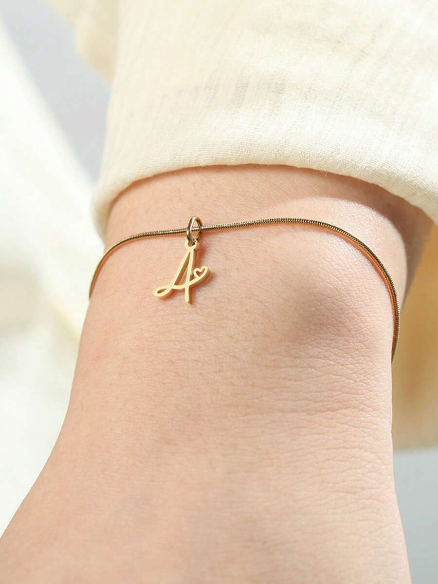 1pc Stainless Steel Fine Round Snake Chain Bracelet For Women, With 26 Alphabet Friendship Bracelet, Elegant Accessory Gift For Graduation, Holiday, All Year Round