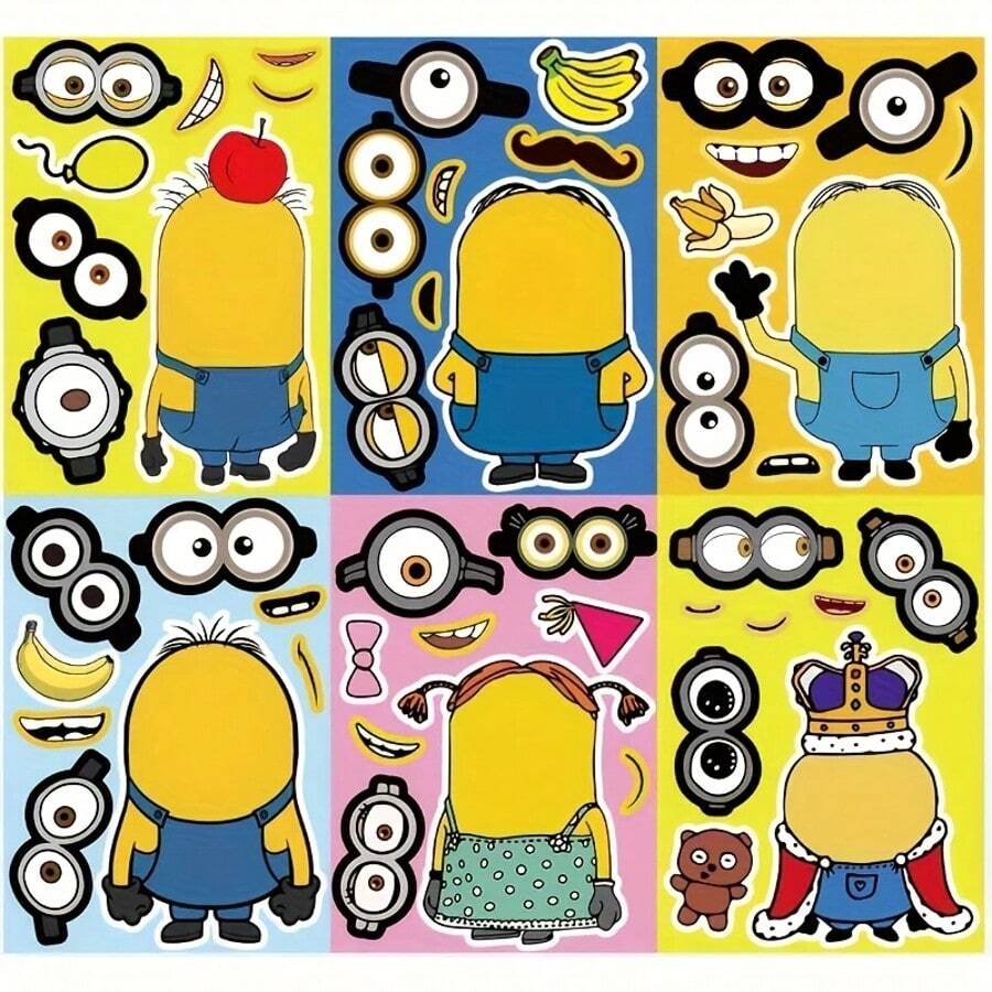 Minions 6 piezas de pegatinas, pegatinas temáticas, manualidades DIY, impermeables y reutilizables