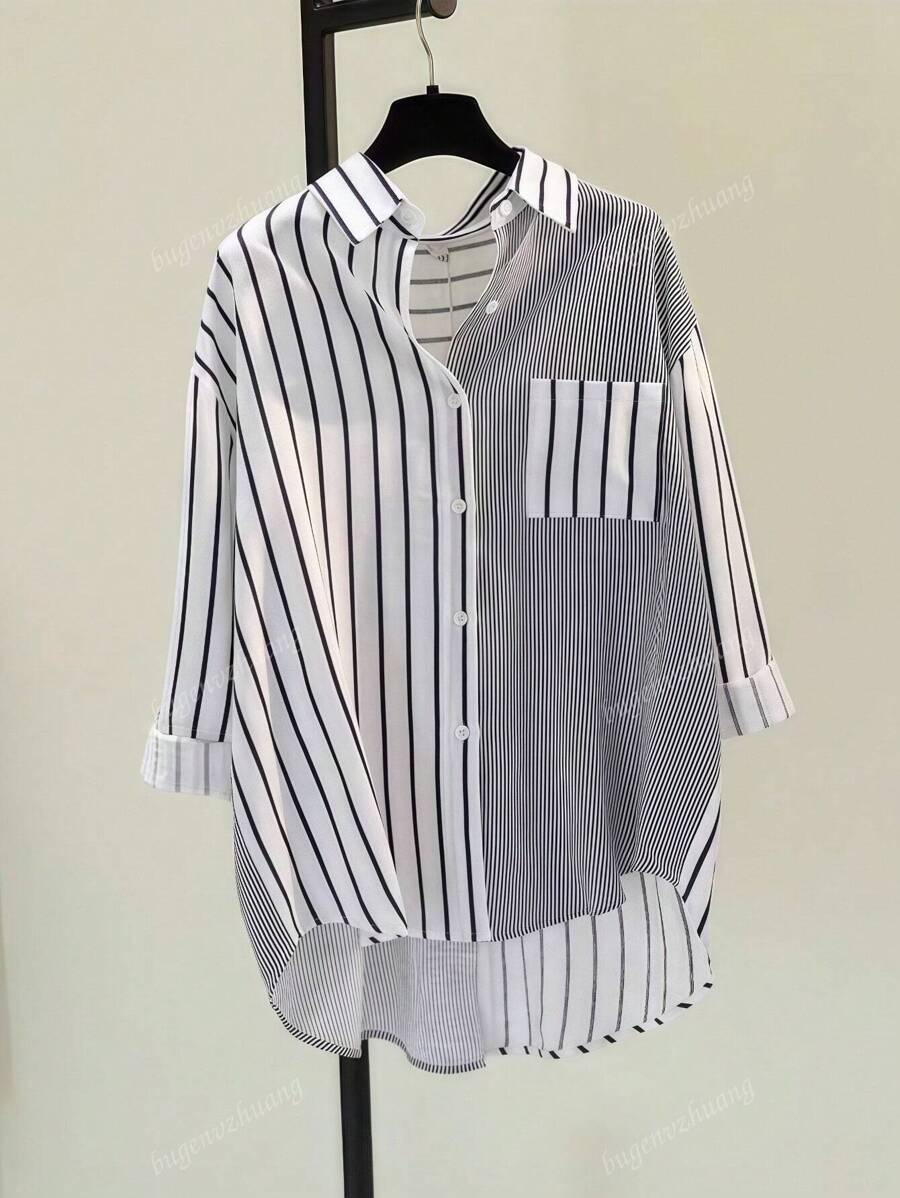 Women's Striped Asymmetric Lapel Long Sleeve Shirt With Contrast Buttons & Pocket - Casual All Occasion Year-Round Top
